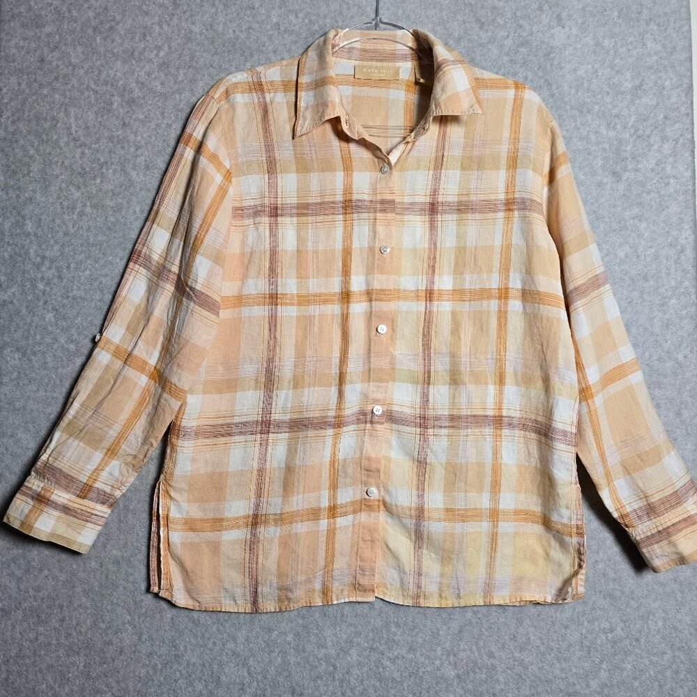 Kate Hill Women 100% Linen M Plaid Button Up Shirt Coastal Granola Girl Beachy